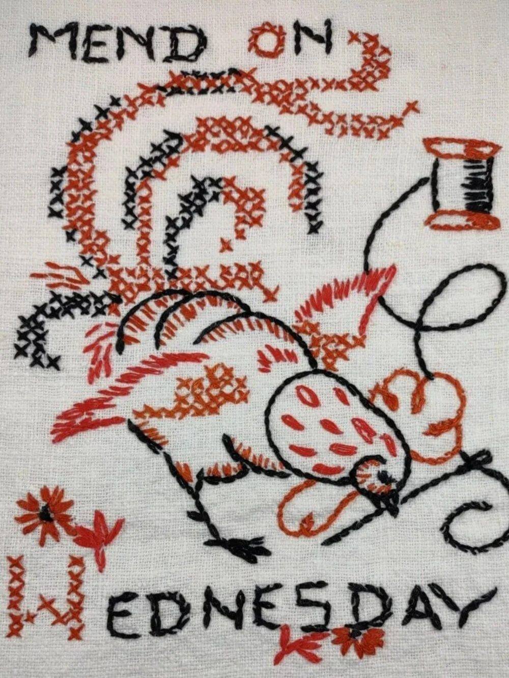 Vtg Tea Towel cross stitched Rooster red stripes Wednesday 16